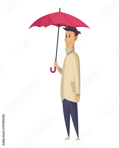 Bad windy rainy weather funny cartoon people icon. Man with umbrella standing under rain. Character with parasol