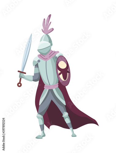 Medieval kingdom character of middle ages historic period vector Illustration. Medieval knight in full armor with a sword flat illustration