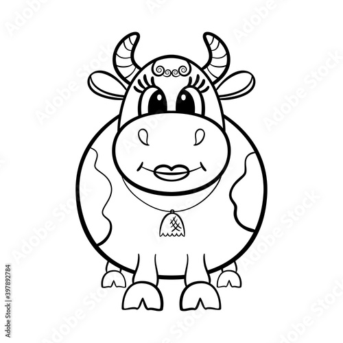 The cute cow is isolated on the white background. The illustration for coloring book.