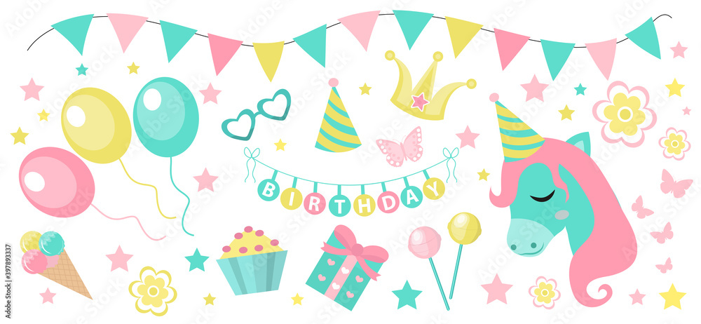 Happy birthday modern cute icons set, cartoon flat style. Party collection of design elements with unicorn, balloons, gerland, sweets. Candy and cake for childrens holiday kit. Vector illustration Happy birthday modern cute icons set, cartoon flat style. Party collection of design elements with unicorn, balloons, gerland, sweets. Candy and cake for childrens holiday kit. Vector illustration