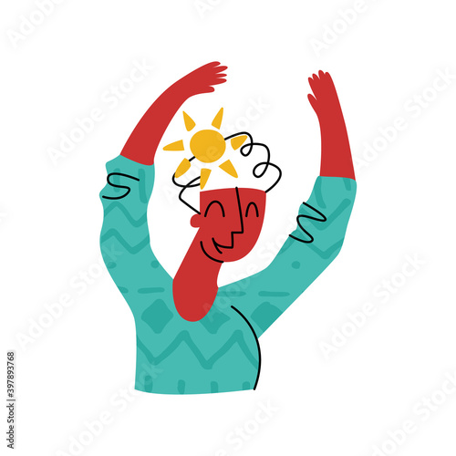 Vector flat isolated illustration with concept of victory, joy, idea, discovery. It shows smiling woman with her hands in air.