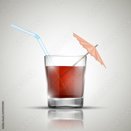 Glass cold drink alcohol & straw. Bright soda & umbrella. A glass of lemonade or fruit juice with umbrella. Cold iced tea. Bar with a glass of cocktail fizzy water with straw