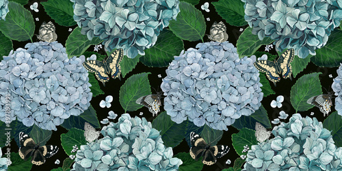 Pattern hydrangea with butterflies. Hand drawing in gouache. Suitable for the design of fabric, paper