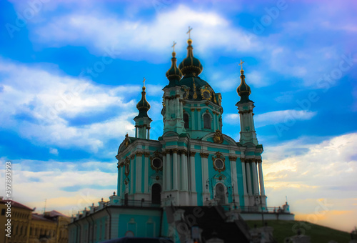 St. Andrew's Church in Kiev. A blue temple against a cloudy sky.
