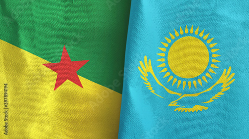 Kazakhstan and French Guiana two flags textile cloth 3D rendering photo