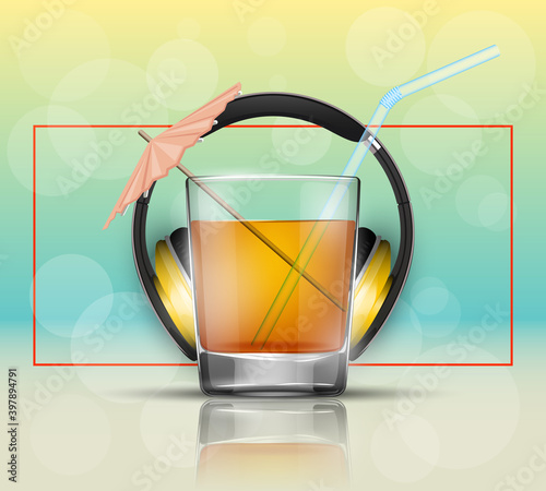Glass cold drink alcohol & straw headphones. Bright soda & umbrella, headphone. Glass lemonade fruit juice umbrella. Cold iced tea headphone. Bar with glass cocktail fizzy water drink straw earphones