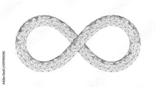 Symbol of infinity. Low-poly construction of concatenated lines and dots. Isolated on a white background.