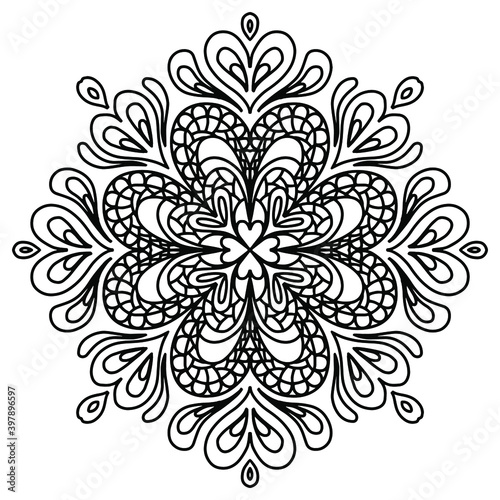 Vector hand drawn mandala isolated on white background. Mandala coloring page. Valentine s day greeting card. Outline mandala of hearts.