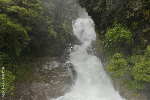 Waterfall next to the road from Te Anau to Milford Sound