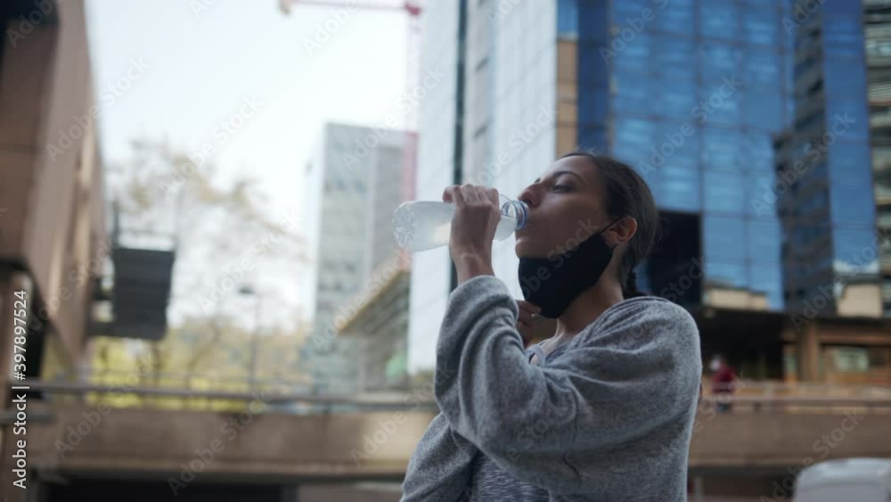 Woman in City Running Sport and Making Exercise Woman in City Running Sport and Making Exercise