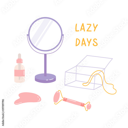Skin care products for SPA. Vector set of massage roller, gua sha, face oil bottle, mirror, jewelry box isolated on white background. Home beauty routine essensials concept. Flat vector illustration. 