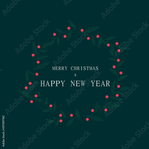 Merry Christmas and Happy New Year.
Design for greeting card, background, poster, cover.
Christmas festive holly wreath design.