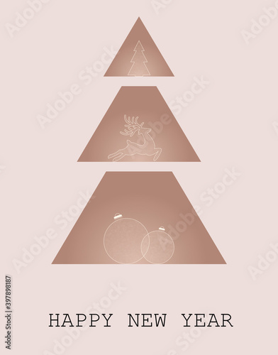 A frame of shelves in the shape of a Christmas tree, a toy tree, a reindeer figurine, several Christmas tree decorations.
Holiday card, background, brochure, poster, print.