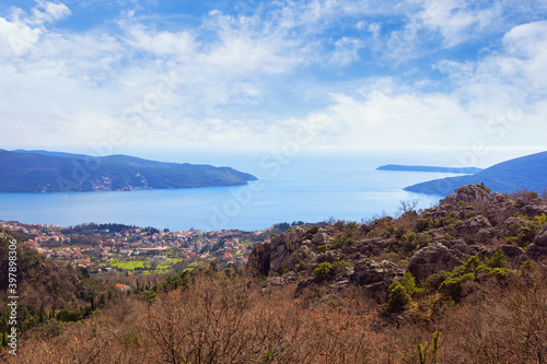 Beautiful winter Mediterranean landscape. Montenegro  view of  Adriatic Sea and Bay of Kotor near Herceg Novi city