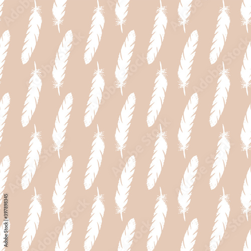 Fototapeta Naklejka Na Ścianę i Meble -  White feathers seamless pattern on pink background.