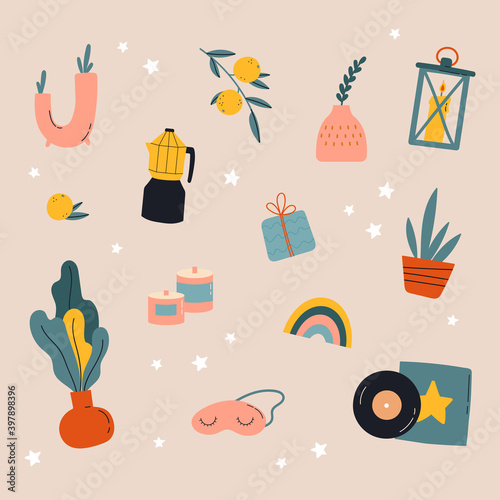 Hygge things. Winter holiday decor set. Aroma candle,vase,gift,coffee maker,sleeping mask,music record and home attributes.Doodle cozy things in scandinavian style. Vector cartoon illustration.