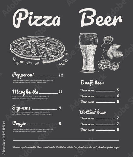 Hand-drawn template for the menu bar, restaurant, cafe. Chalk drawn pizza and a glass of beer on a black chalkboard. Vector vintage illustration.