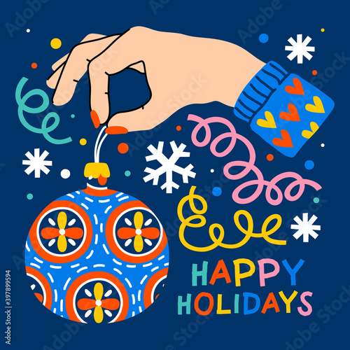 Xmas greeting card decorated with confetti, bauble and snowflakes. Female hand holding christmas tree decoration. Vector cartoon illustration isolated on dark background