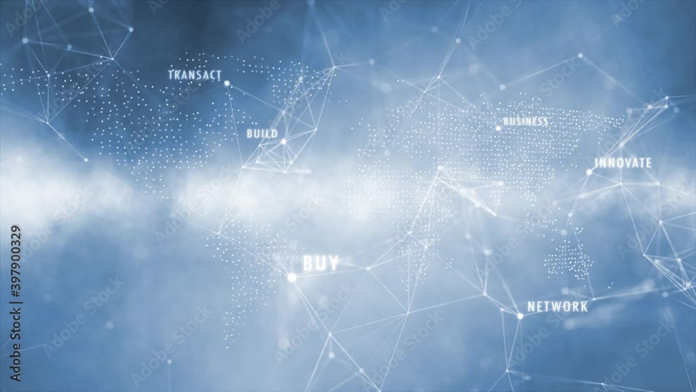 Business cyberspace world map with word cloud animation background.