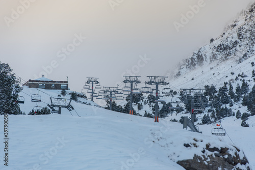 Sunset at the Ski Vallnord Pal - Arinsal resort in winter with snow. photo