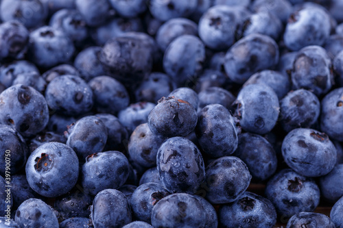 Fresh blueberries background with copy space for your text. Vegan and vegetarian concept. Macro texture of blueberry berries.Texture blueberry berries close up