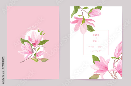 Wedding tropical floral vector card. Magnolia flowers, leaves spring invitation. Watercolor template frame