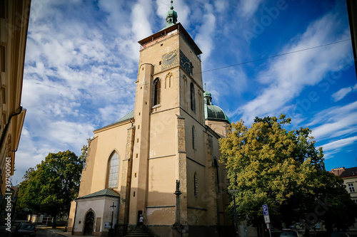 Bild auf Leinwand View of the Tower of the Havlickuv Brod's Cathedral with the clock, Gothic churc
