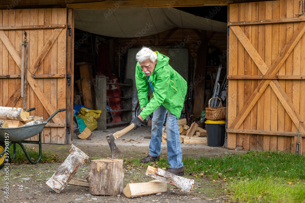 Retired senior man holding the heavy axe. Axe in lumberjack hands chopping or cutting wood trunks. Retired senior man holding the heavy axe. Axe in lumberjack hands chopping or cutting wood trunks.