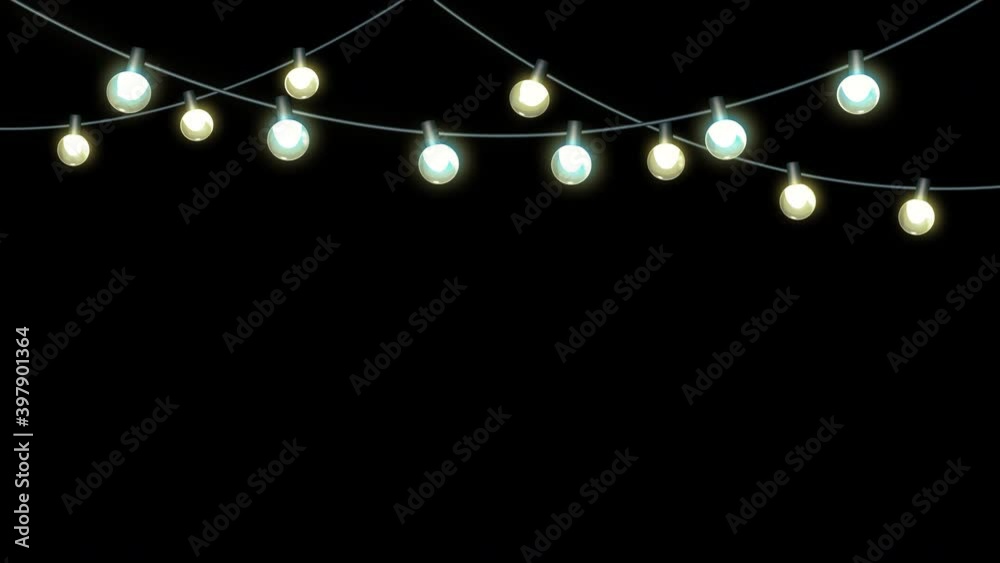 Festival string lights garlands, hanging down, gentle light flicker, 3D animation, on transparent background in 4K version only and with alpha matte for HD version.
