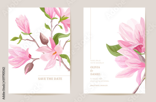 Wedding invitation magnolia flowers, leaves card. Watercolor floral minimal template vector