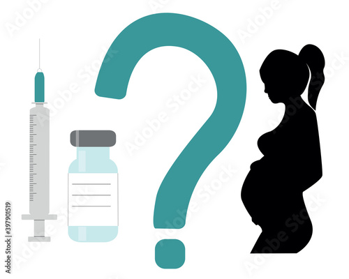 What a pregnant woman should know before vaccination banner.Vector illustration with vaccine, syringe, question mark and female pregnant silhouette isolated on white background.
