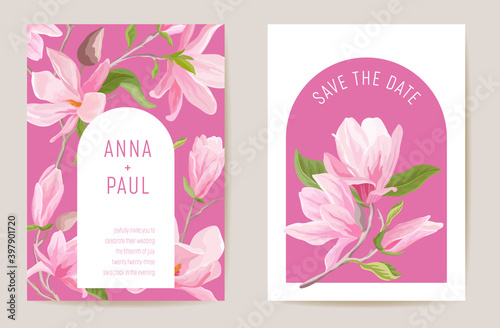 Wedding magnolia spring floral invitation, flower card. Watercolor minimal template vector