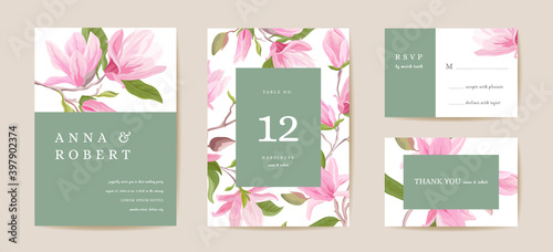 Boho wedding invitation card. Vintage Save the Date spring magnolia flowers, floral leaves template design