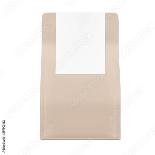 Quad seal bag with label mockup. Front view with. Vector illustration. Best solution for presentation your brand, design, promo and etc. EPS10.	