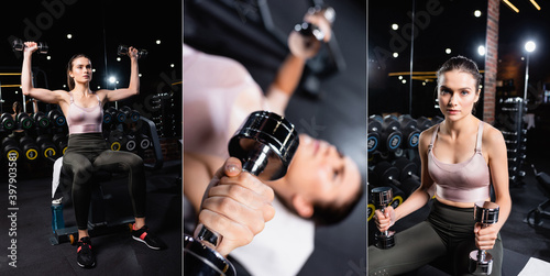 collage of sportswoman exercising with dumbbells in sports center  banner