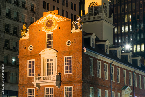 The balcony of the Old State House in Boston is illuminated at night