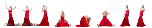 Fototapet Woman in pretty red evening dress isolated on white