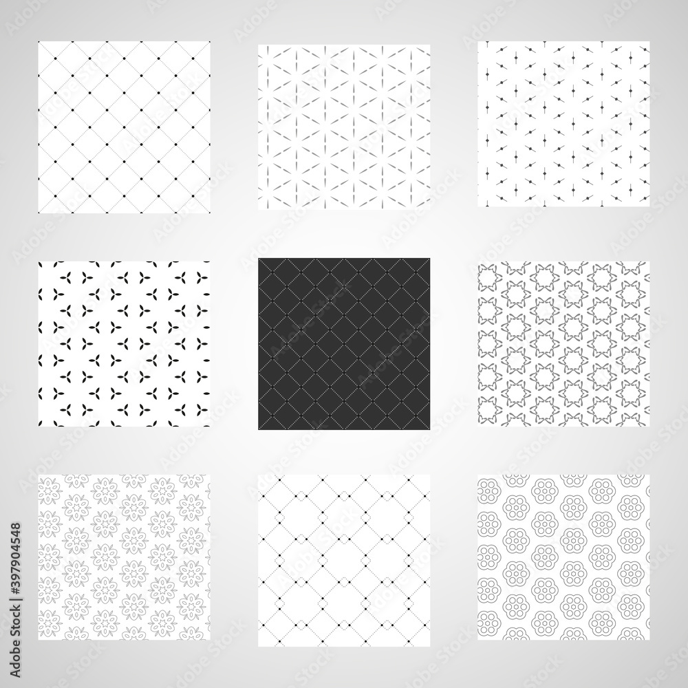 Geometric seamless patterns, vector set. Abstract background.
