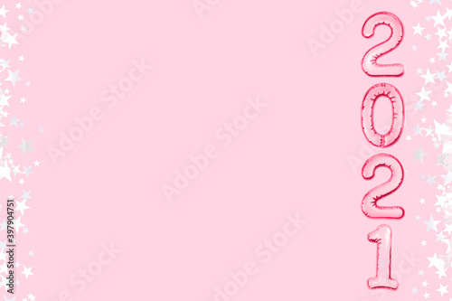 2021 New Year Holiday greeting rose gold metallic numbers. Pink banner template background © Julia Klintsova