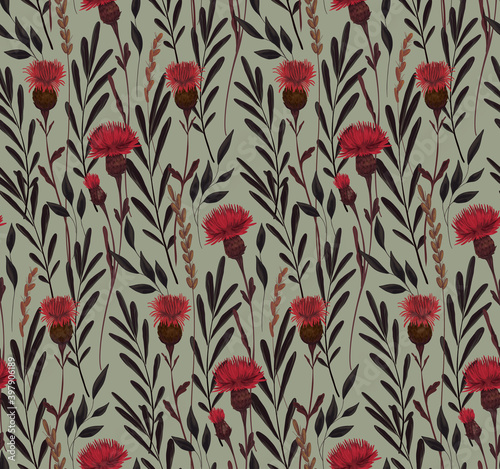 Seamless pattern with wildflowers. Composition of various plants, flowers of thistle, leaves and twigs. Imitation of watercolors.