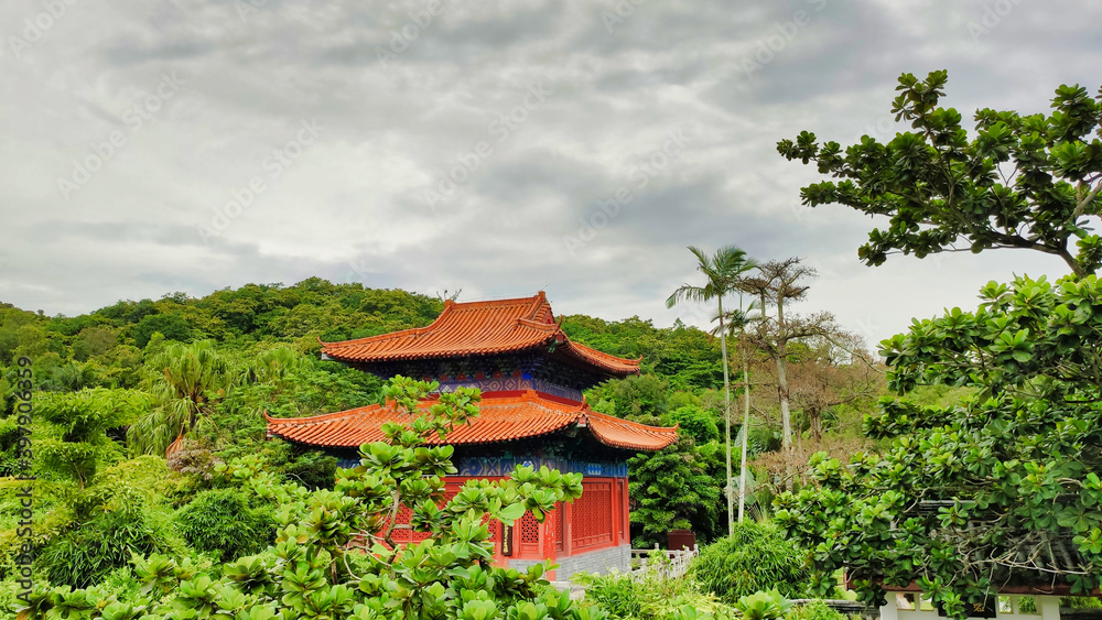 View of the pagoda, pavilion and tree tops. Nanshan Cultural Tourism Zone. Sanya. Hainan Island. China. Asia