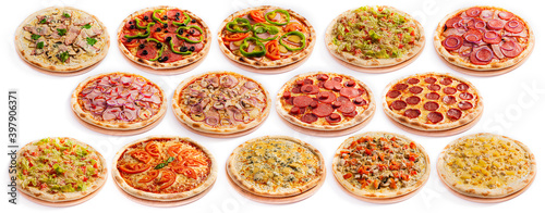 Set pizza assorted ingredients isolated on white background. Round shape pizza thin dough on a board. Top side view.