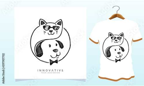 Fototapeta Naklejka Na Ścianę i Meble -  The cat is wearing glasses and the dog is under her, Dog T Shirt Images, Stock Photos and Vectors