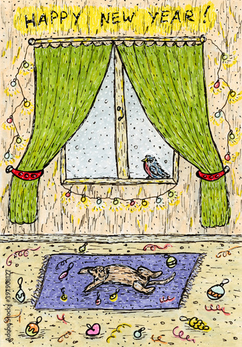 Hand drawn Christmas card, happy new year card, animal at home, cartoon style card, artwork, poster