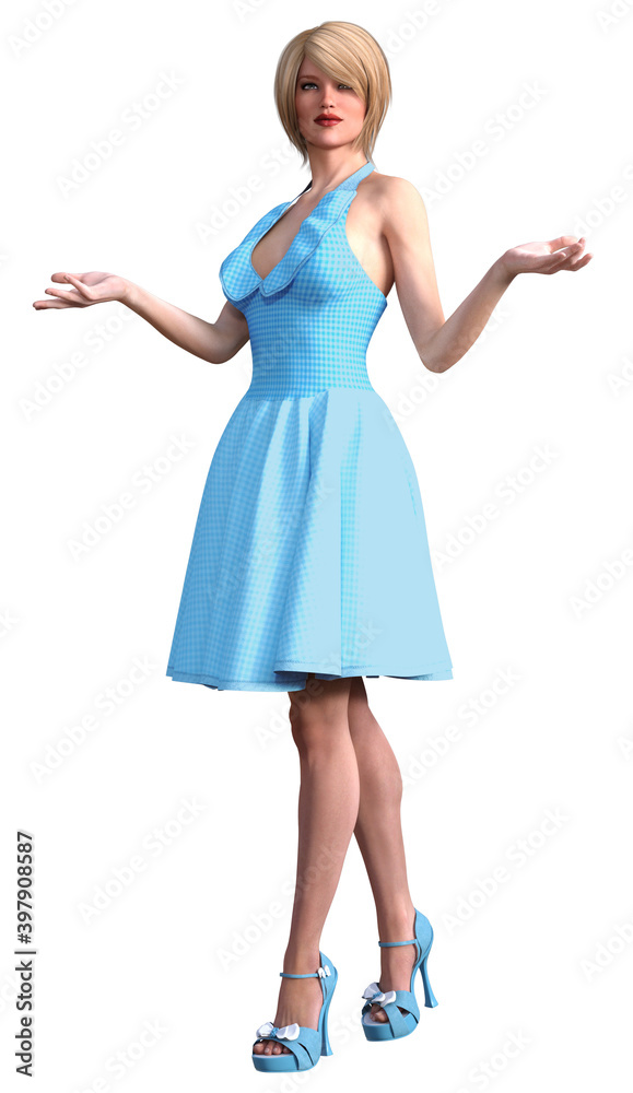 Blonde girl in light Blue dress and shoes Blonde girl in light Blue dress and shoes