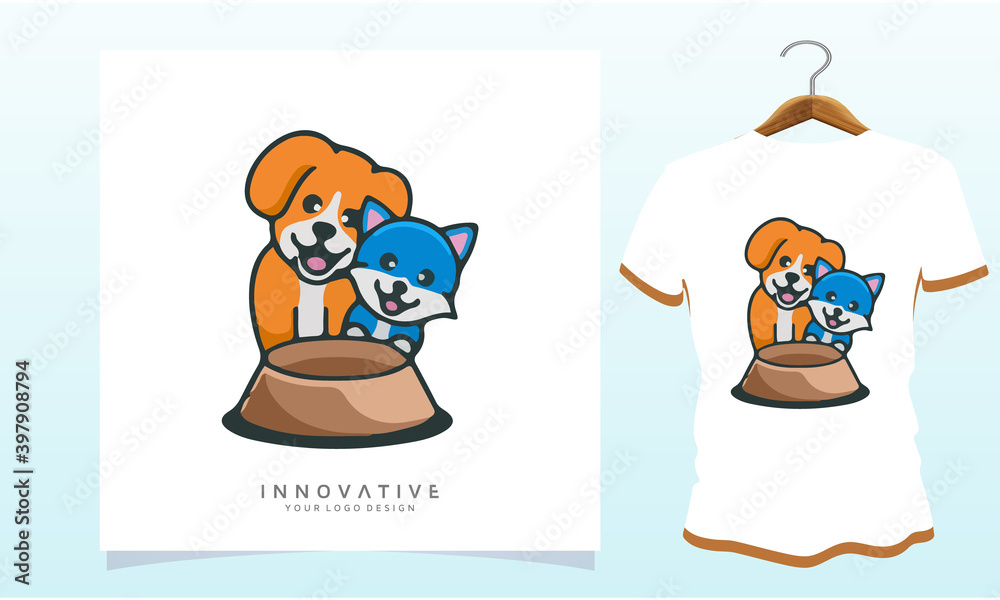 Fototapeta premium Dog and cat happy to eat t-shirt design.
