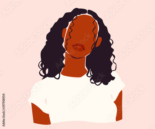 Latin woman vector portrait. Black girl in white T-shirt.
