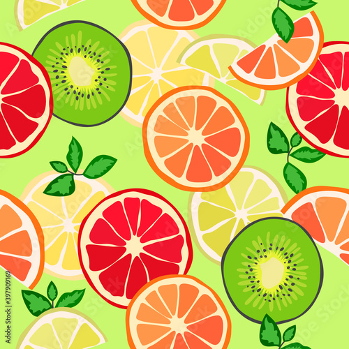 Seamless texture from tropical fruit, citrus. Vector background, pattern.