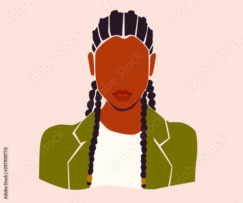 Black vector woman portrait on the pink isolated background. Black girl with dreadlocks in green blazer.
