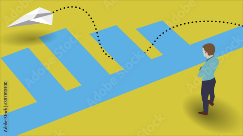 Businessman standing over chart with paper airplane. Success and corporate concept illustration